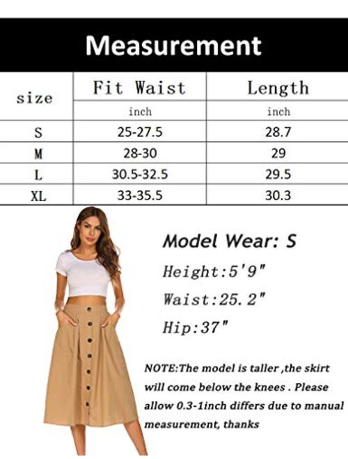Naggoo Womens Casual Front Button A-Line Skirts High Waisted Midi Skirt with Pockets