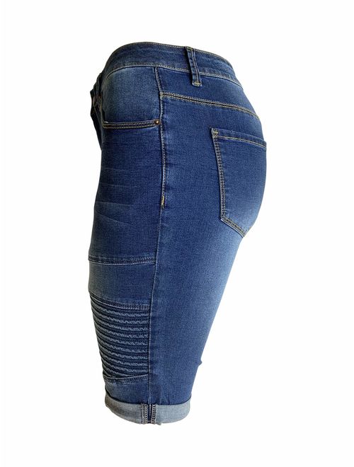 Aodrusa Womens Middle Rise Stretchy Denim Shorts Knee Length Curvy Bermuda Stretch Short Jeans