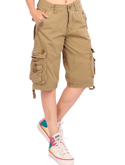 chouyatou Women's Casual Loose Fit Multi-Pockets Twill Bermuda Cargo Shorts