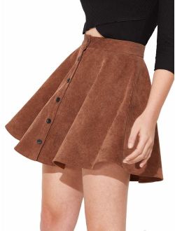Women's Button Up Flare A-Line Corduroy Skater Cord Short Skirt