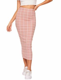 Women's Elegant Plaid Elastic Waist Bodycon Midi Skirt