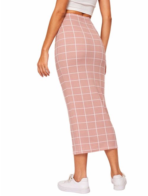 Verdusa Women's Elegant Plaid Elastic Waist Bodycon Midi Skirt