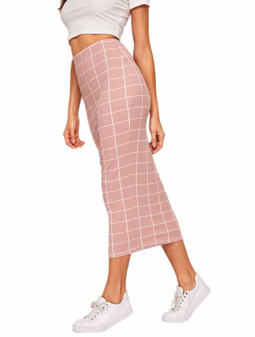 Verdusa Women's Elegant Plaid Elastic Waist Bodycon Midi Skirt