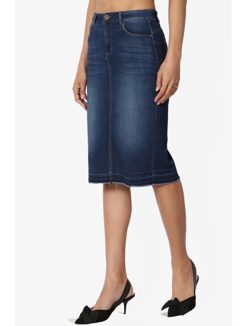 TheMogan Butt Lift Wash Jean Pencil Knee Length Midi Stretch Soft Denim Skirt