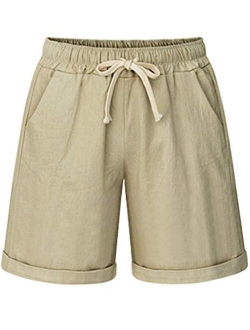 HOW'ON Women's Elastic Waist Casual Comfy Cotton Beach Shorts with Drawstring