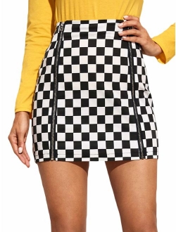 Women's Elegant Mid Waist Above Knee O-Ring Zipper Front Plaid Skirt