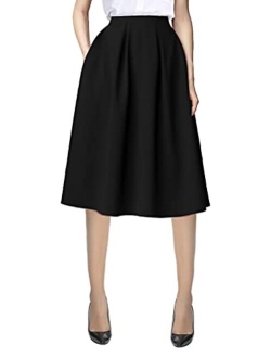 Women's Flared A line Pocket Skirt High Waist Pleated Midi Skirt