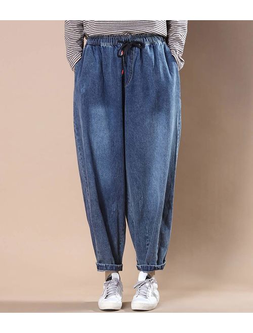 YESNO Women Casual Loose Cropped Pants Denim Bloomers Elastic Waist/Pockets PJD