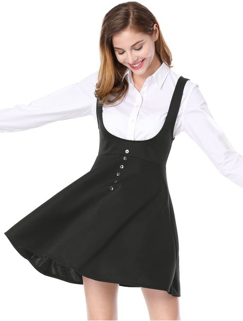 Allegra K Women's Solid Button Decor Flared Hem Overall Dress Suspender Skirt