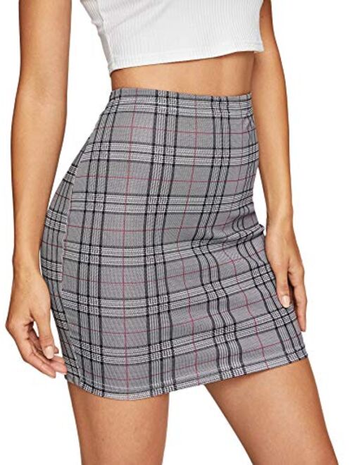 SheIn Women's Basic Stretch Plaid Mini Bodycon Pencil Skirt