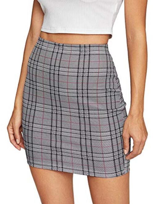 SheIn Women's Basic Stretch Plaid Mini Bodycon Pencil Skirt