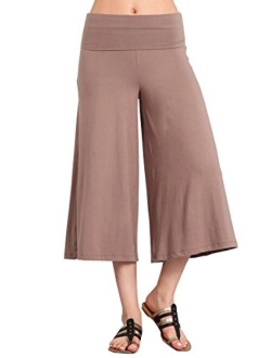 HEYHUN Women's Solid Tie Dye Wide Leg Flared Capri Boho Gaucho Pants w/Lace Detail S-3XL