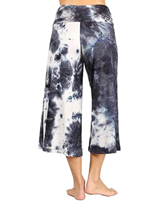 HEYHUN Women's Solid Tie Dye Wide Leg Flared Capri Boho Gaucho Pants w/Lace Detail S-3XL