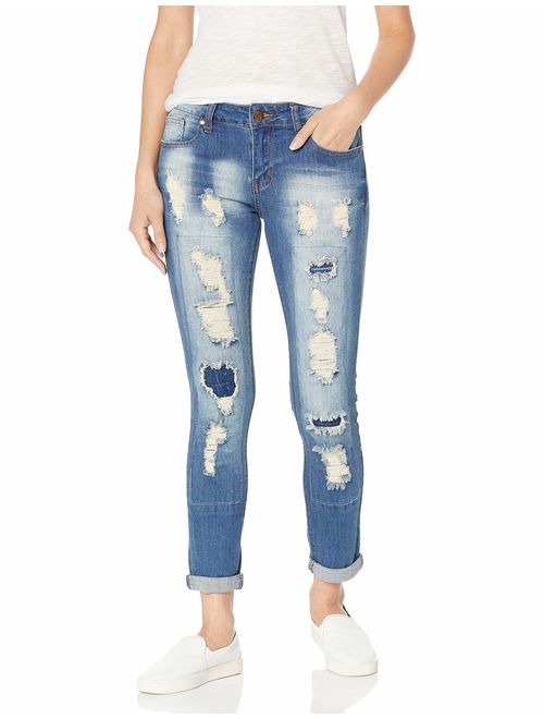 Cover Girl Women's High Waisted Cute Ripped Patched Repair Blue Skinny Juniors