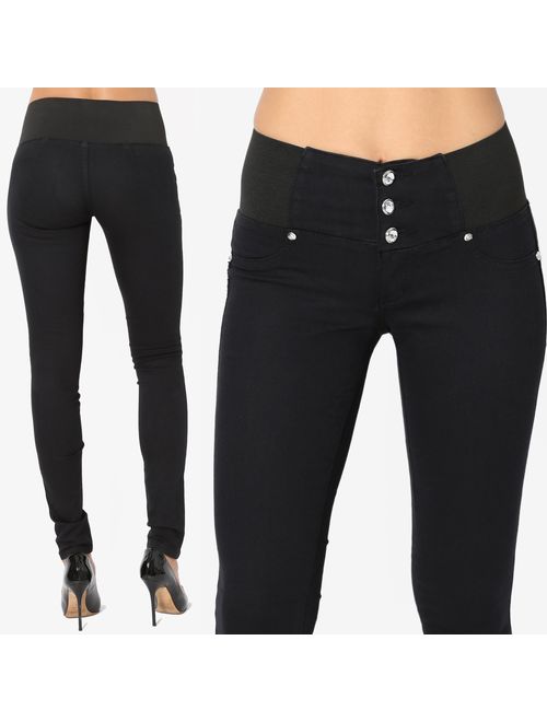 TheMogan Curvy Butt Elastic Waist Band Stretch Soft Denim Skinny Jeans in Black