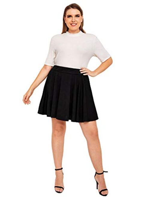 ROMWE Women's Plus Size Stretchy Elastic Waist Flared Casual Mini Skater Skirt