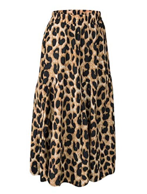 CHOiES record your inspired fashion Women's Leopard Print Long Skirts Elastic High Waisted Plus Size Bohemian Maxi Skirt
