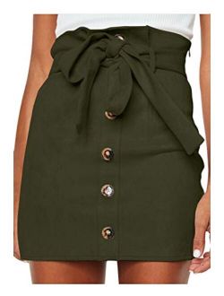 Meyeeka Women's Paperbag High Waist Button Trim Front Belted Faux Suede Mini Skirt