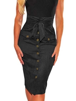 Meyeeka Women's Paperbag High Waist Button Trim Front Belted Faux Suede Mini Skirt