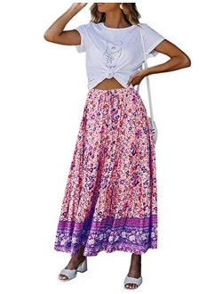 Women's Boho Floral Print Elastic High Waist Pleated A Line Midi Skirt with Pockets