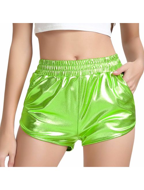 PESION Women's Metallic Shiny Shorts Sparkly Rave Hot Short Pants