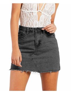 Angelegant Jean Skirt Women's High Waisted Fringed Slim Fit Elastic Bodycon Mini Denim Skirt