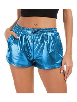 Tandisk Women's Yoga Hot Shorts, Shiny Metallic Pants with Elastic Drawstring