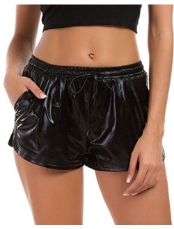 Tandisk Women's Yoga Hot Shorts, Shiny Metallic Pants with Elastic Drawstring