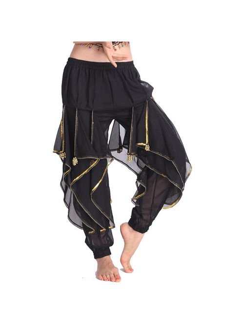MUNAFIE Belly Dance Harem Pants Tribal Arabic Halloween Pants with Gold Trim US0-14