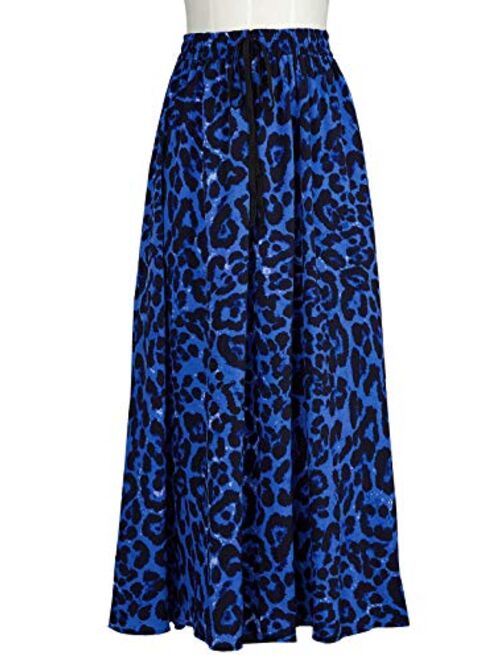 Imysty Womens Leopard Print Long Skirts Drawstring High Waisted Bohemian Maxi Skirt