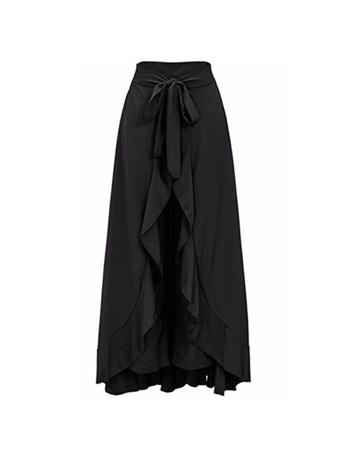 Lrady Women's Ruffle Pants Plain Split Tie-Waist Maxi Long Palazzo Overlay Pant Skirts