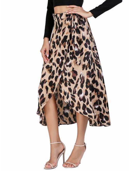 Verdusa Women's Waist Knot Leopard Print High Waist Wrap Split Skirt
