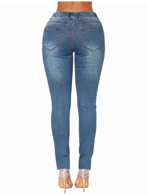 ACKKIA Women's Elastic Waist Skinny Stretch Ripped Distressed Denim Jeans Pants