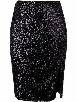 VIJIV Women's Sequin Skirt Midi High Waist Elegant Stretchy Sparkle Side Slit Pencil Skirt Party Cocktail