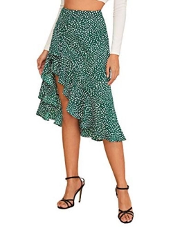 Women's Ruffle Trim High Split Leopard Print Midi Skirt
