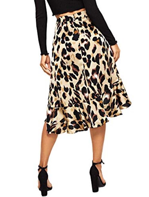 Verdusa Women's Ruffle Trim High Split Leopard Print Midi Skirt