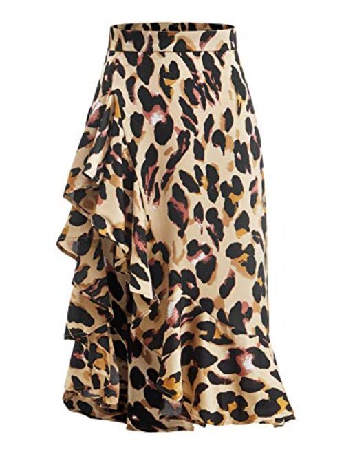 Verdusa Women's Ruffle Trim High Split Leopard Print Midi Skirt