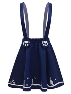 FUTURINO Women's Sweet Cat Paw Embroidery Pleated Mini Skirt with 2 Suspender
