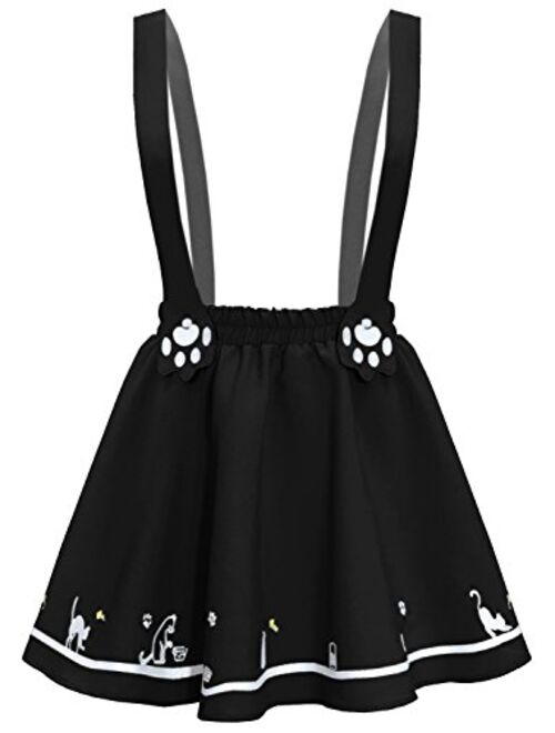 FUTURINO Women's Sweet Cat Paw Embroidery Pleated Mini Skirt with 2 Suspender