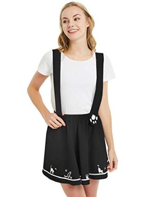 FUTURINO Women's Sweet Cat Paw Embroidery Pleated Mini Skirt with 2 Suspender