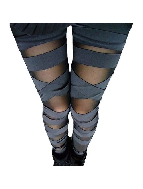 Dikoaina Women Girls Sexy Solid Color Bandage Mesh Leggings, Black, One Size