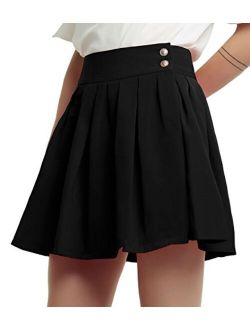 Women's Double Waist Side Buttons Pleated Skirt