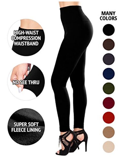 Satina Fleece Lined High Waist Compression Leggings, Slimming Warm Opaque Tights