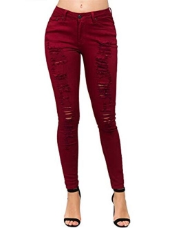 TwiinSisters Women's High Rise Stretch Destroyed Ripped Color Skinny Pants Jeans Multi Styles
