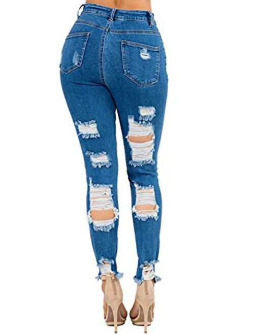 TwiinSisters Women's High Rise Stretch Destroyed Ripped Color Skinny Pants Jeans Multi Styles