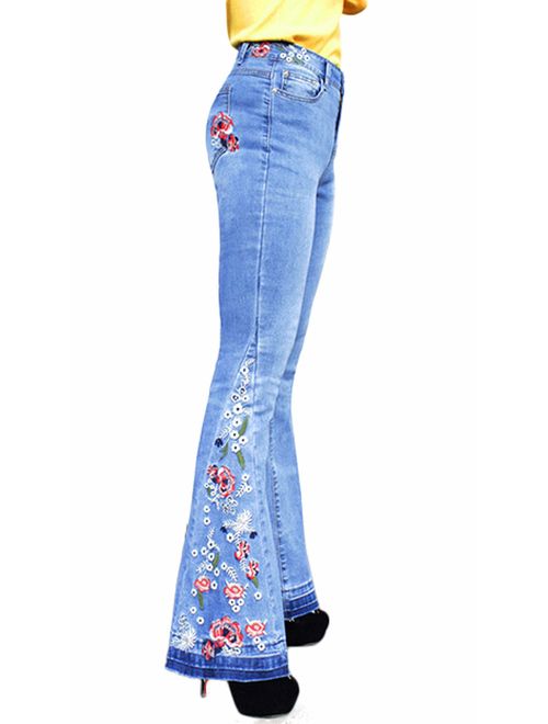 Chartou Womens Chic Floral Embroidered High-Rise Bell Bottom Flare Jeans Broad Feet Long Denim Pants