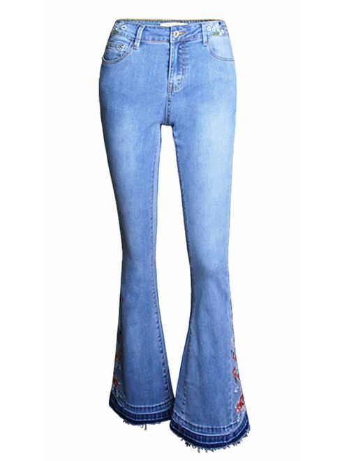 Chartou Womens Chic Floral Embroidered High-Rise Bell Bottom Flare Jeans Broad Feet Long Denim Pants