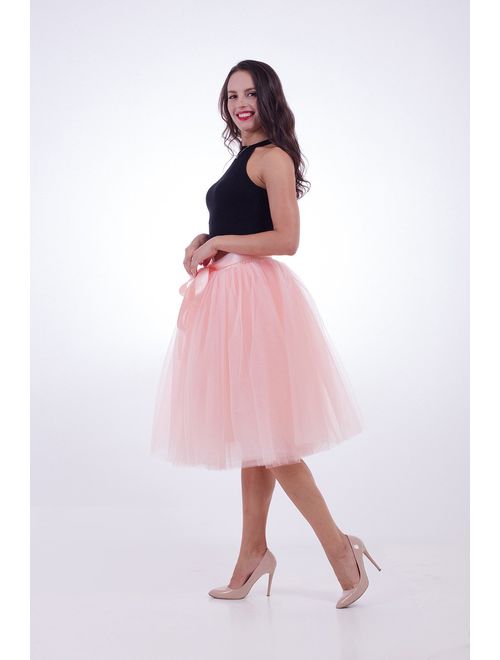 Women Tulle Skirt Adult 7 Layered Pleated Tutu Skirt A Line Knee Length Petticoat Girl Prom Party Skirt
