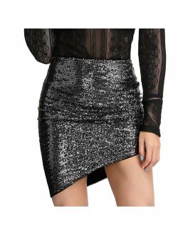 LIUMILAC Womens Asymmetrical Hem Ruched Sequin Club Pencil Mini Skirt