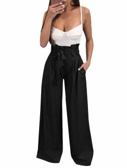 Ybenlow Womens High Waisted Palazzo Pants Wide Leg Stretch Trouser Pant Belted with Pockets